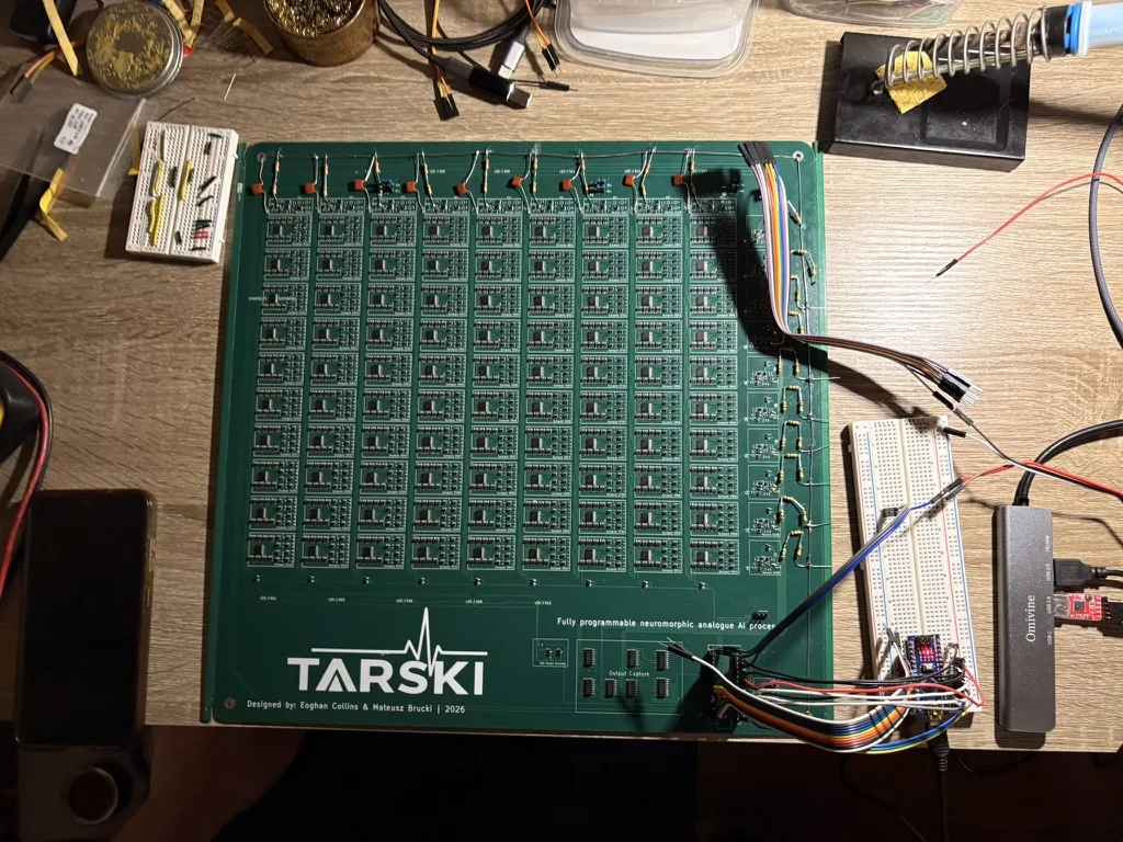 The Tarski analogue neuromorphic processor board on a workbench, wired for testing