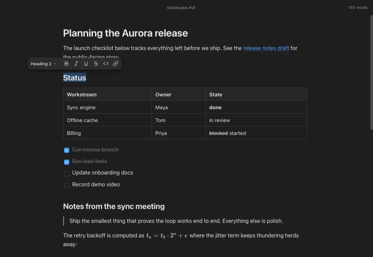 Quill markdown editor in dark mode with a formatting bubble over a document