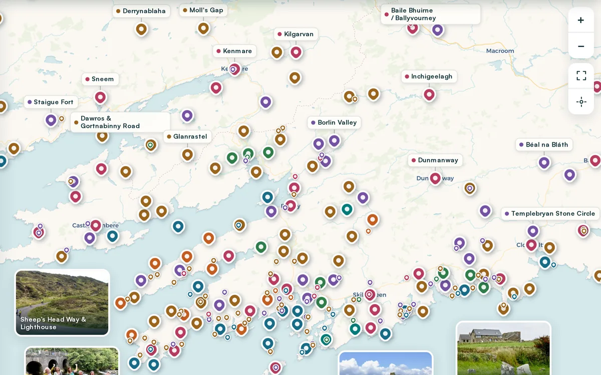 The Roaringwater Places map: coloured pins along the West Cork coast with journal photographs laid over the water