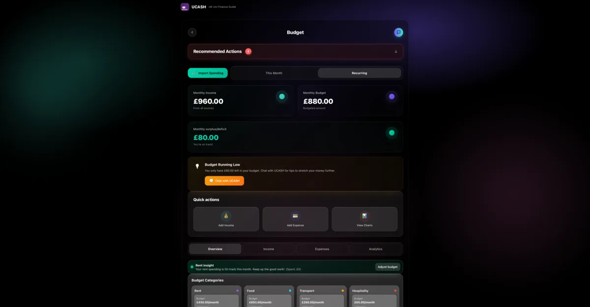 UCASH budgeting dashboard in dark mode