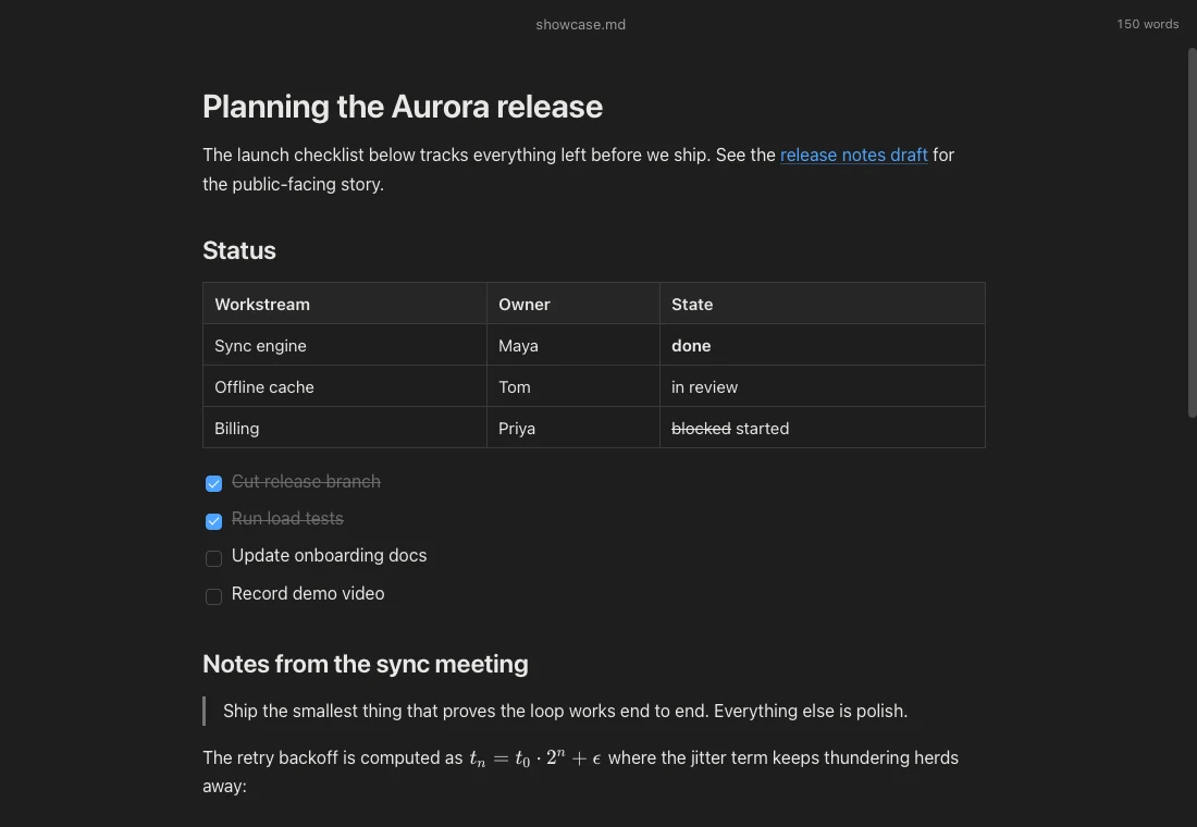 Quill in dark mode showing a rendered markdown document with a heading, a status table, a checklist with completed items struck through, a blockquote, and inline LaTeX math