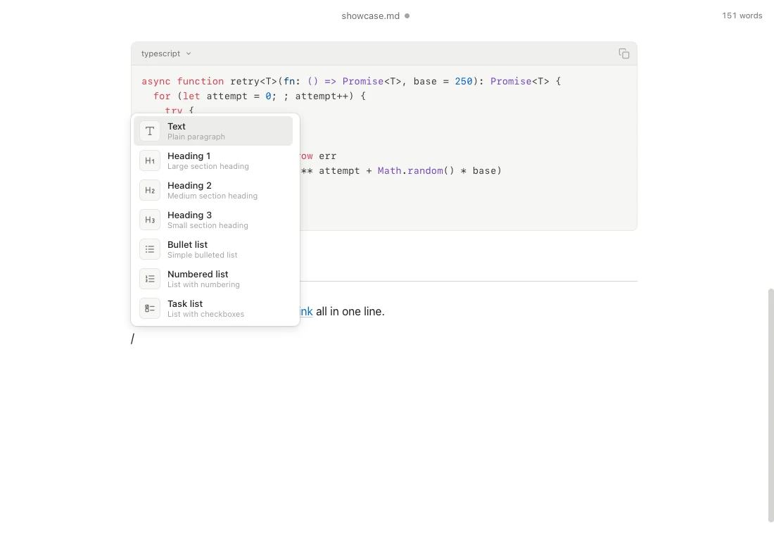 Quill’s slash command menu open over a code block, listing Text, Heading 1, Heading 2, Heading 3, Bullet list, Numbered list, and Task list options