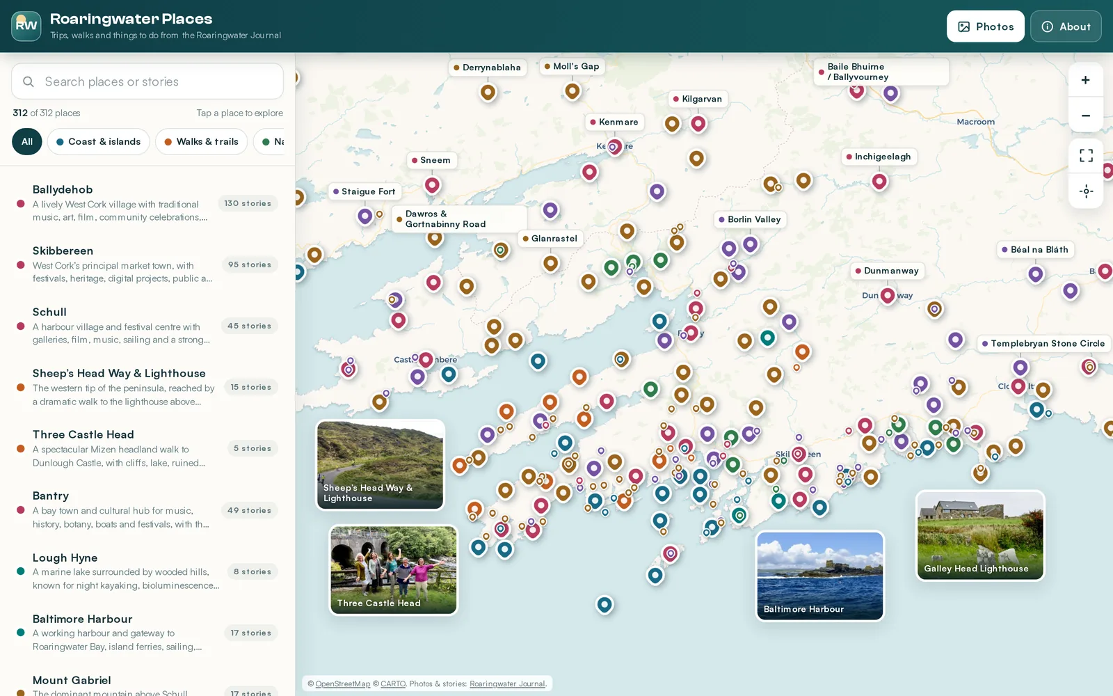 The Roaringwater Places map: coloured pins across the West Cork coastline with journal photographs of Baltimore Harbour, Three Castle Head and Sheep's Head laid over the water